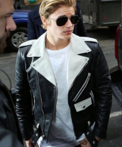 Justin Bieber Black and White Leather Biker Jacket