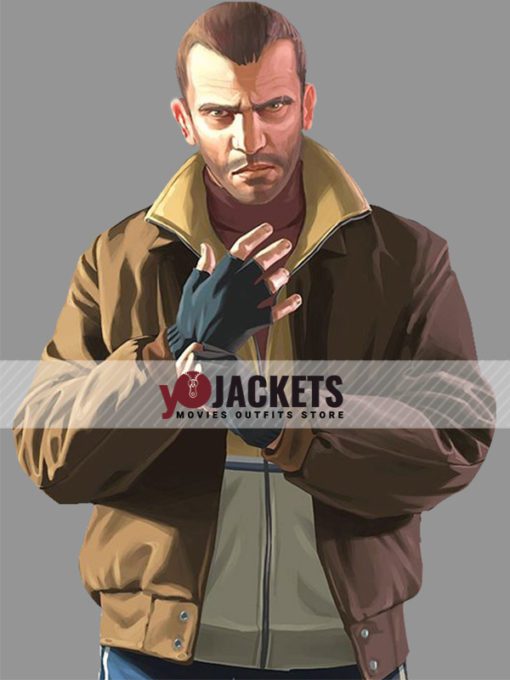 Video Game Grand Theft Auto IV Niko Bellic Brown Bomber Leather Jacket