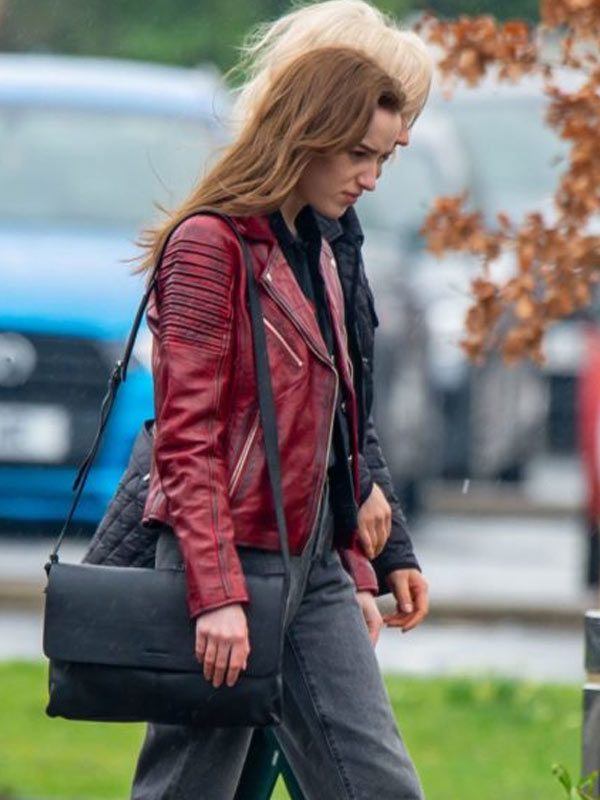 Bank Of Dave Phoebe Dynevor Red Distressed Leather Jacket - Celebrity ...