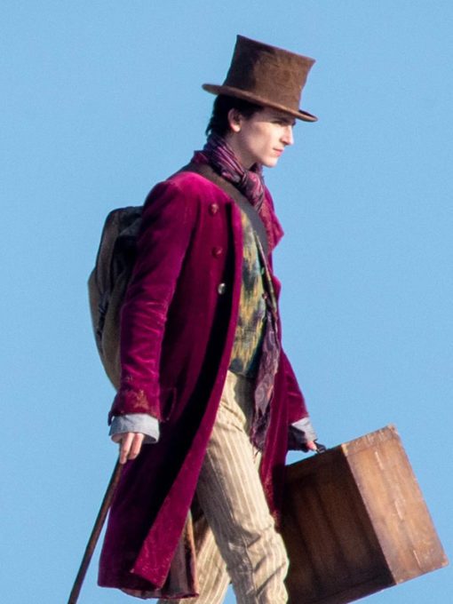 Young Willy Wonka Timothee Chalamet Maroon Trench Coat